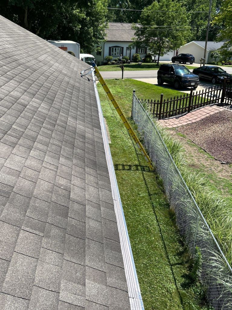 Klean Gutter on roof with ladder